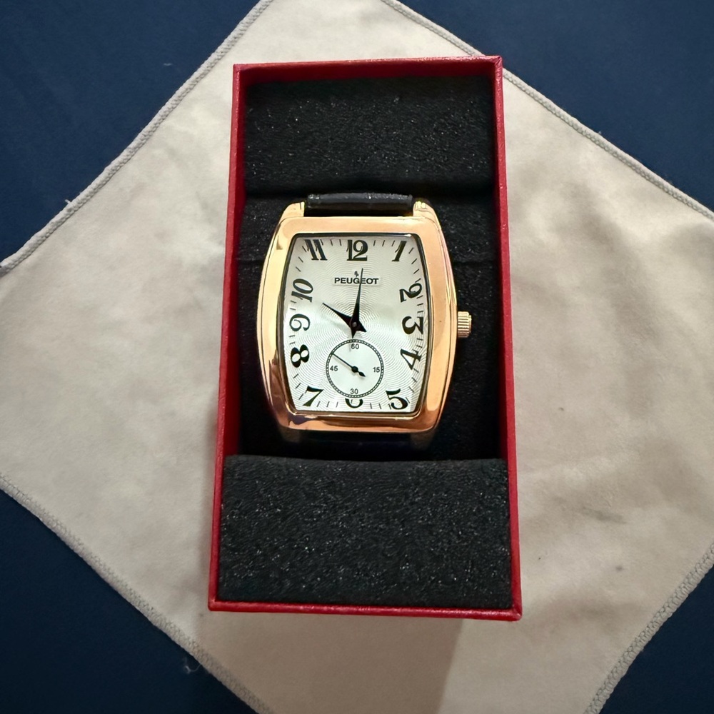 Peugeot Men’s Vintage Rose Gold Cushion Shaped Watch with Black Leather Band